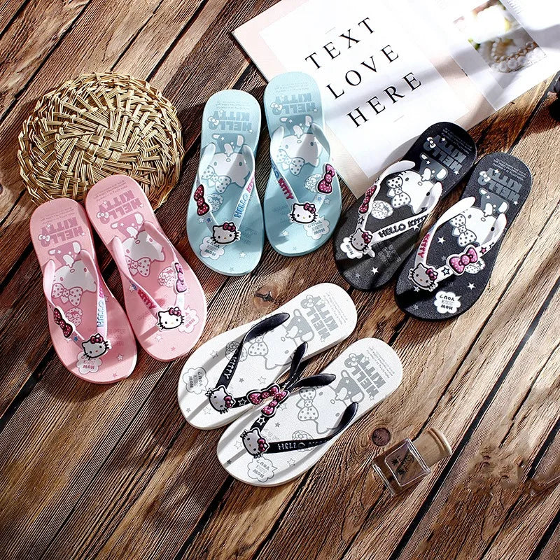 Hello Kitty Flip Flops for Women Summer Beach Outdoor Non Slip Soft Sole Thong Sandals Comfortable Clip Toe Slippers