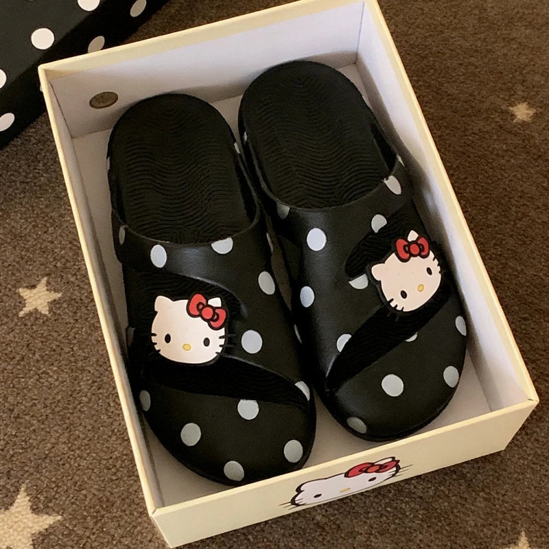 Kawaii 2026 Summer New Sanrio Hello Kitty Caroon Cute Lovely Good Quality Women Girls White Black Point Beach Sandals